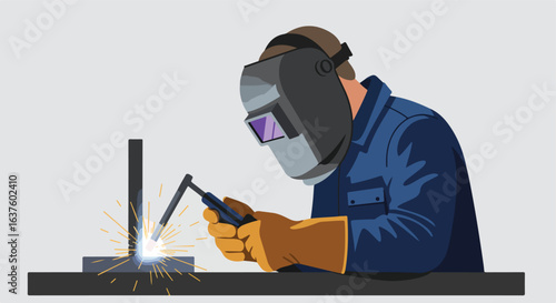 Metalworker welding metal using a torch while wearing protective gear. Sparks fly out