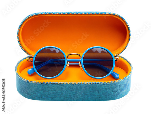 Round Blue Sunglasses in Orange Teal Case