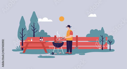 Cookout scene with a park setting, trees, picnic table, grill, and cook