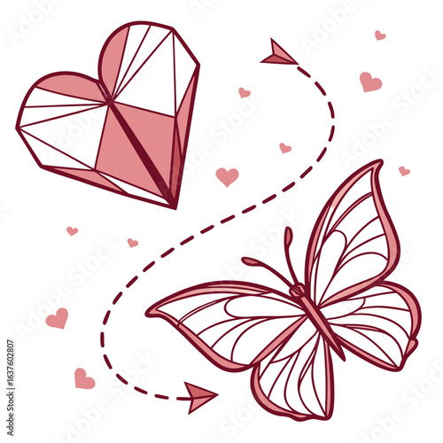 Romantic Flutter: A captivating illustration of a geometric heart and a butterfly, rendered in elegant lines, embodies the essence of love and beauty.