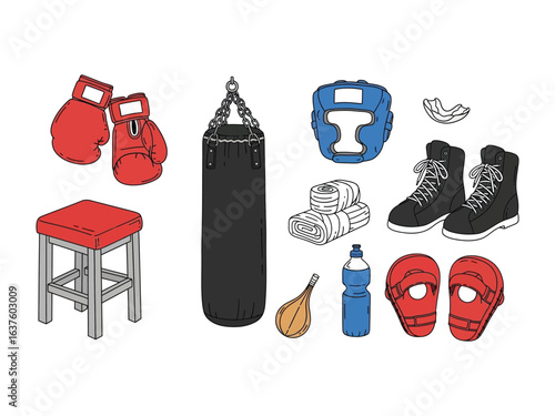 Boxing Equipment Set: A comprehensive collection of boxing essentials artfully arranged, illustrating the tools and gear required for a rigorous training session, ready to hit the boxing gym