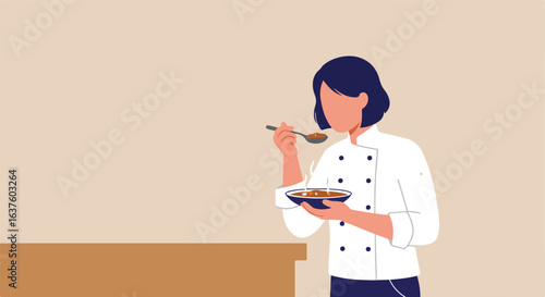 Culinary illustration Chef samples soup from bowl, wearing a buttoned white jacket