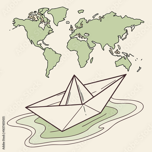 World Map and Paper Boat: A simple illustration of a paper boat sailing on the water beneath a detailed world map, representing journey and exploration.