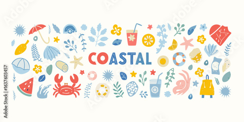 Colorful coastal summer beach elements and word art