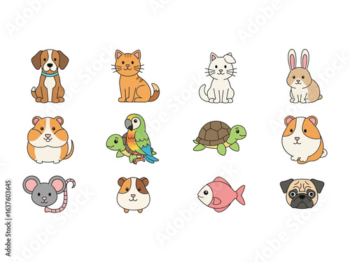 Diverse Adorable Pets: An assortment of charming pets, each possessing unique character and appeal, arranged together in a playful showcase of companion animals.