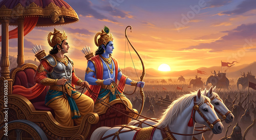 Two men in ornate chariots pulled by white horses facing a battlefield at sunset