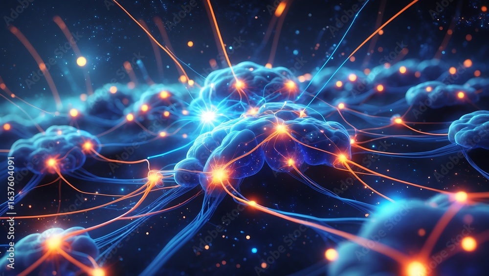 Obraz premium Vibrant neural network with glowing connections and energetic sparks