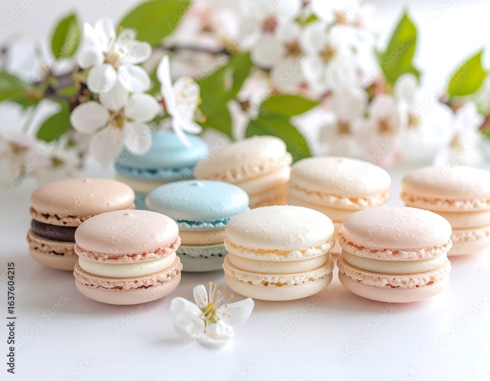 Obraz premium Pastel macarons arranged on a white surface with delicate cherry blossoms in the background