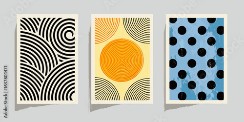 Set of three abstract geometric art prints with mid century modern style