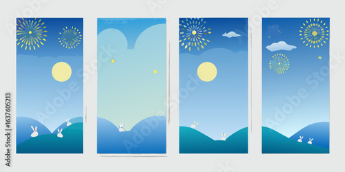 Cute bunnies under fireworks and moonlit sky with rolling hills