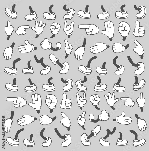 Retro cartoon legs and hands, Hands with gloves and feet with boots, various poses for characters, a set of poses, gestures, placement of hands and feet. hands and legs. black & white vector file