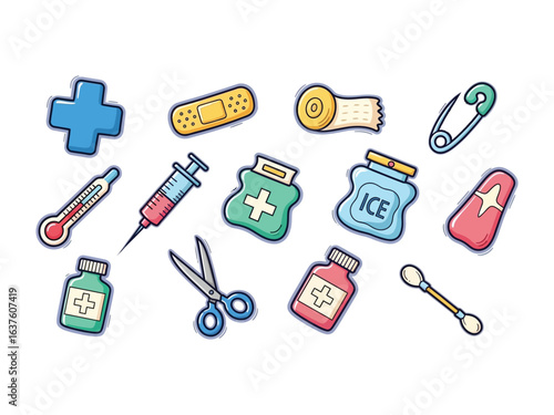 Medical Tools and Supplies: A colorful array of medical tools, medications, and first aid supplies, carefully arranged for visual appeal, conveying health, healing, and wellness.