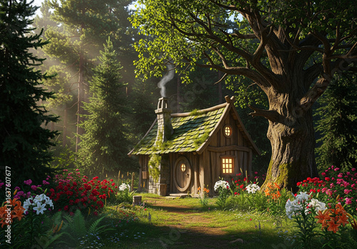 fantasy strange wooden house in the forest surrounded lush green trees, towering pine, garden with pink and white roses flowers