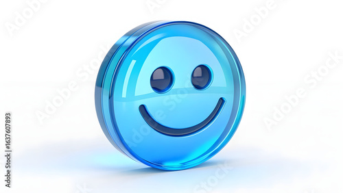 3D blue glass smiley face icon isolated on white background representing happiness, positivity, and friendly mood