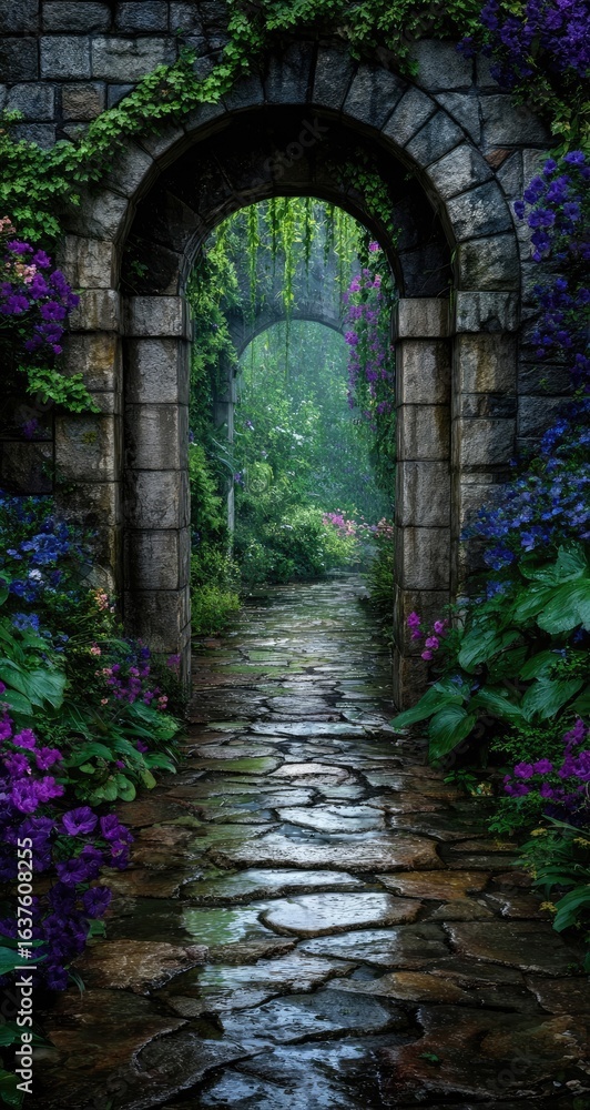 Obraz premium Stone archway leads to lush garden path