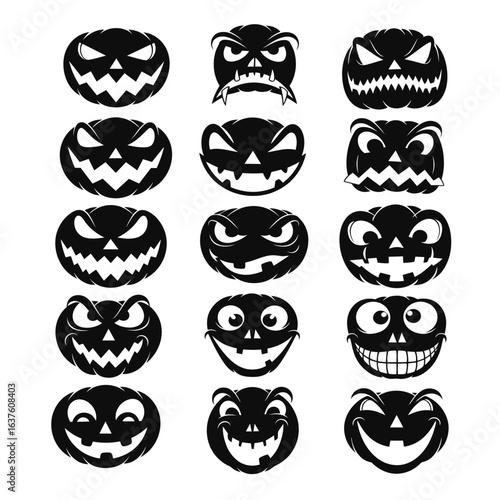 Vector Set of Jack o Lantern faces Halloween. Silhouette Scary Face Cut outs 