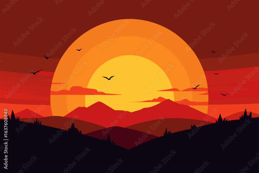 Obraz premium Fiery Sunset Mountain Landscape Dramatic Sky Background