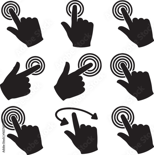 Black hand icons touching circular targets finger click