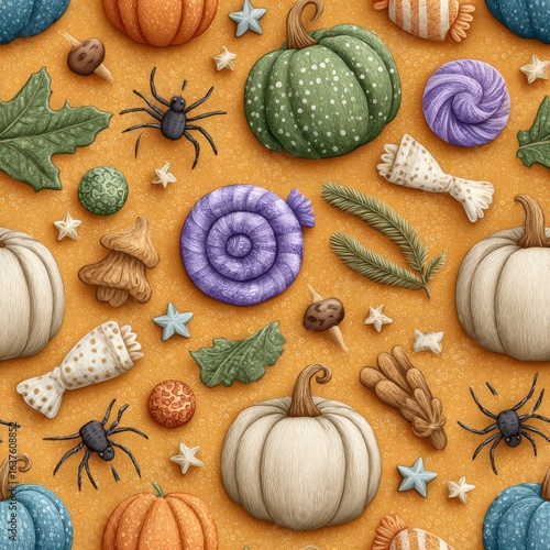 Seamless Halloween Pattern with Pumpkins Spiders and Candy on Orange Background