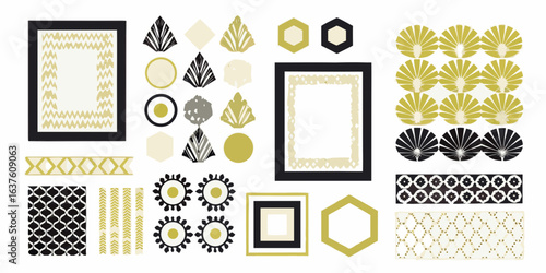 Collection of geometric and abstract decorative elements in black gold and cream