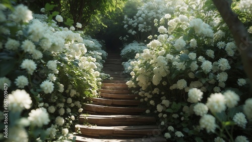 Enchanting stone pathway through lush white hydrangea blooms in a sunlit garden