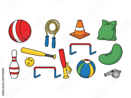 Sporting Essentials: A vibrant collection of colorful sports equipment, including balls, bats, cones, hurdles, and beanbags, are arranged playfully.