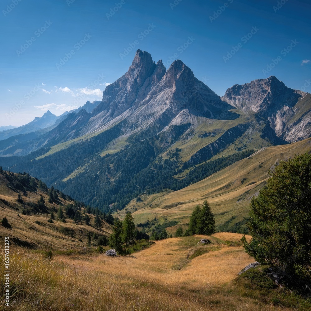 Fototapeta premium Mountain range panorama, golden valley, alpine peaks