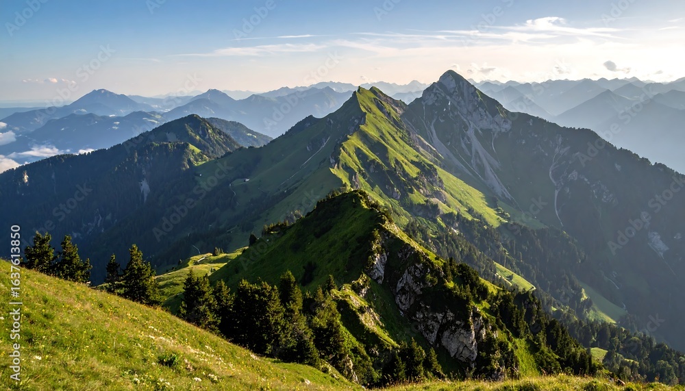 Fototapeta premium Alpine peaks under a soft, pale blue sky