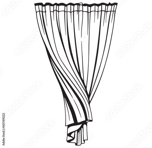 Elegant black and white curtains drawing isolated on white background with draped fabric effect
