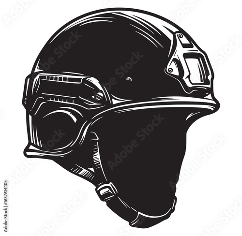 Detailed black and white illustration of a modern tactical combat helmet perspective view