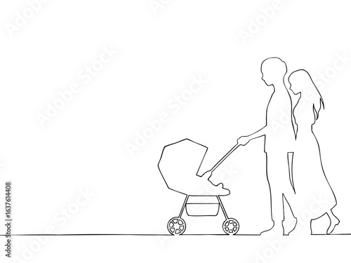 ベビーカーを押す夫婦のシルエットイラスト