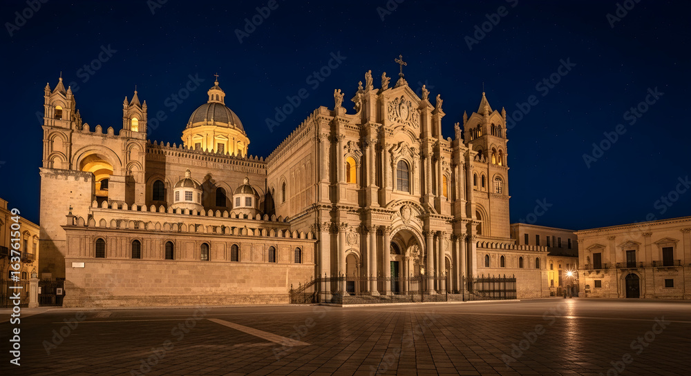 Obraz premium Cathedral of Syracuse at Night Illuminated by Warm Light in Piazza Duomo
