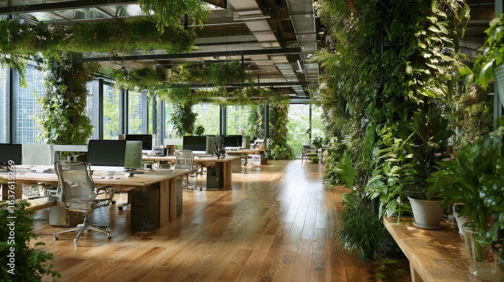 Fototapeta premium Sustainable Workspaces. Eco-friendly offices, leafy plants, natural materials.