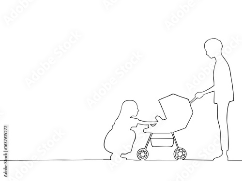 ベビーカーの赤ちゃんをお世話する夫婦のシルエットイラスト