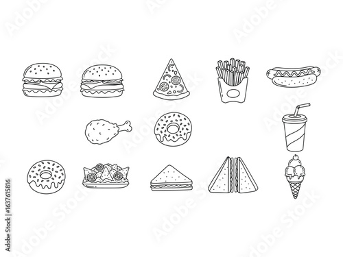 Delicious Line-Art Delights:A monochrome artistic presentation of favorite food items with an elegant illustrative touch, perfect for a minimalist aesthetic and culinary themes. 