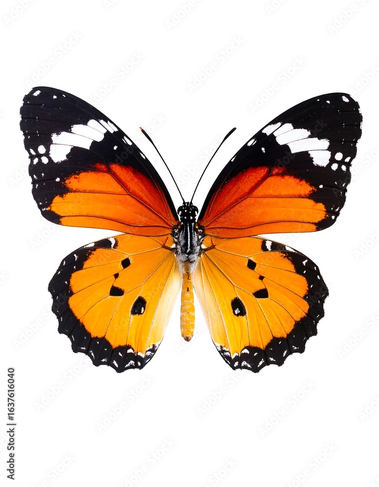 Fototapeta premium Orange butterfly with black and white markings, wings spread wide against a white background