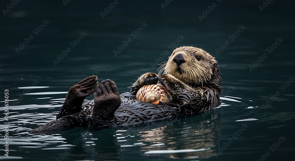 Fototapeta premium Sea otter floating peacefully on its back, holding a large conch shell on its wet fur in dark ocean water. Captivating wildlife, marine life, and nature image.
