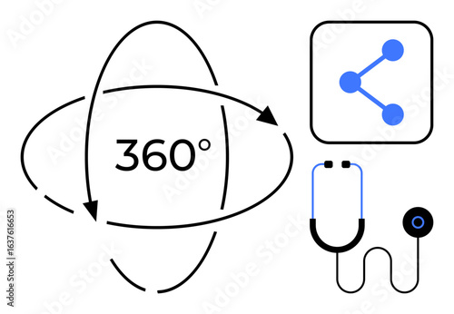 360 circle with rotating arrows alongside stethoscope symbolizing health and network connection icon reflecting sharing. Ideal for healthcare technology, telemedicine, diagnosis, innovation