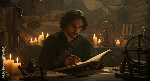 Man with long hair writing in a book by candlelight in a dimly lit workshop filled with tools and papers.
