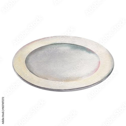 Flat plate. Hand-painted watercolor illustration of dish isolated on white background for kitchen decor, festive table decoration, recipe books, cafe menus, tableware design, culinary branding