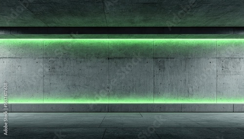 Empty concrete tunnel lit with lime green neon