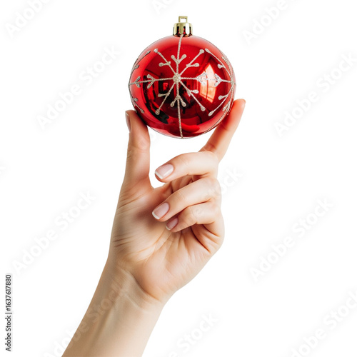 hand holding a red christmas ornament on Isolated transparent background png. generated with AI