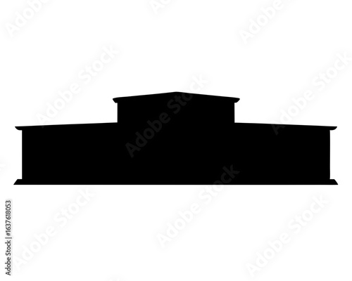 Silhouette of a large, imposing building with a multi layered design