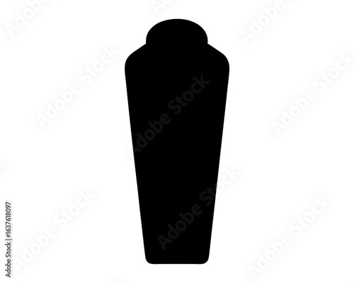 Simple black silhouette of a stylized coffin shape on a white background