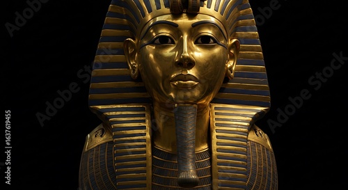 Wallpaper Mural Close-up of Tutankhamun's golden burial mask, showcasing its intricate details and regal appearance against a dark background. Torontodigital.ca