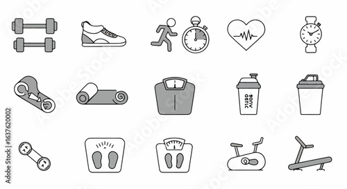 Fitness and wellness icons illustrating healthy lifestyle choices including gym equipment and active exercises for a balanced routine.