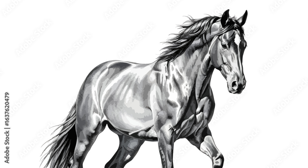 Obraz premium Dynamic monochrome illustration of a powerful horse in motion, showcasing elegance and strength, perfect for design projects