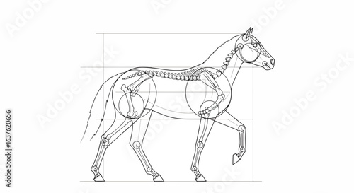 Detailed horse skeleton illustration with anatomical accuracy, perfect for educational resources, veterinary science, and artistic reference materials