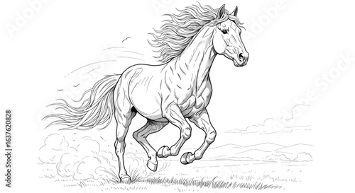 Dynamic black and white illustration of a powerful horse galloping freely across a grassy landscape with windblown mane and tail
