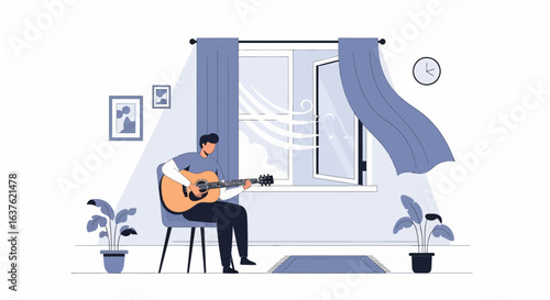 A Musician Playing Guitar by an Open Window with Curtains Blowing